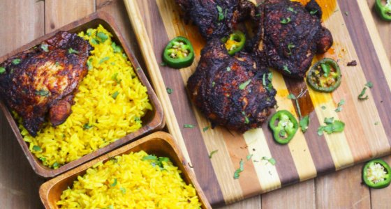 Harissa Chicken Thighs With Yellow Jasmine Rice