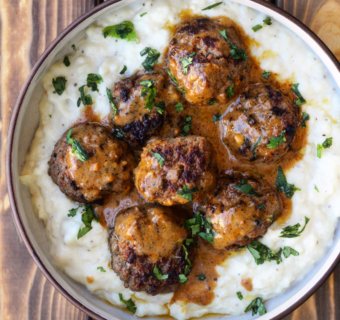 Cauliflower Mash with Meatballs Smothered in Gravy
